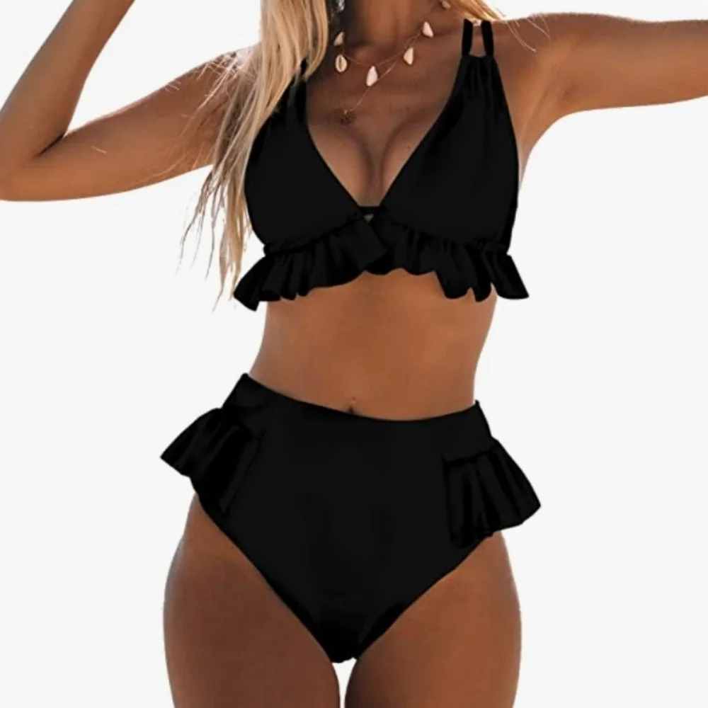 SPORLIKE Ruffle V Neck High Waisted Bikini in Black Size XL
